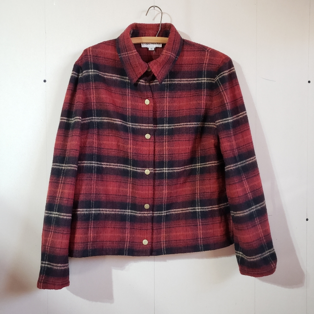 Vintage Evan Picone wool blend red black plaid button Shacket, Size 10
